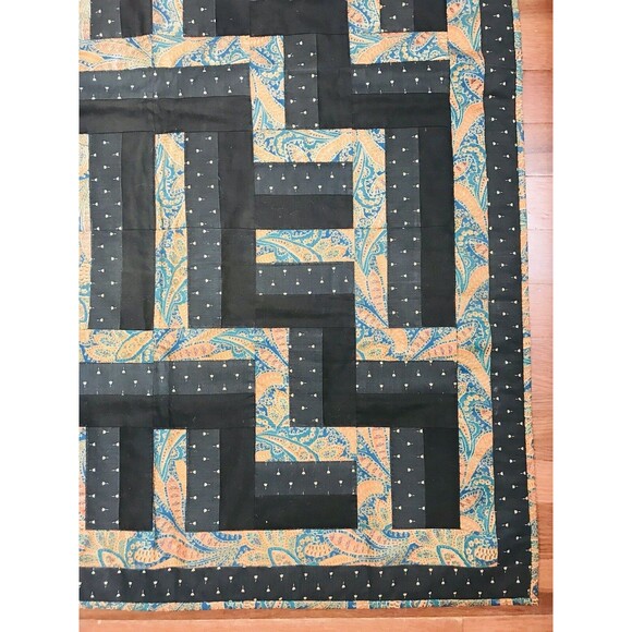 Vintage Handmade And Machine Sewn Wall Hanging Quilt Black Teal Orange 44 X 32 - Picture 9 of 12